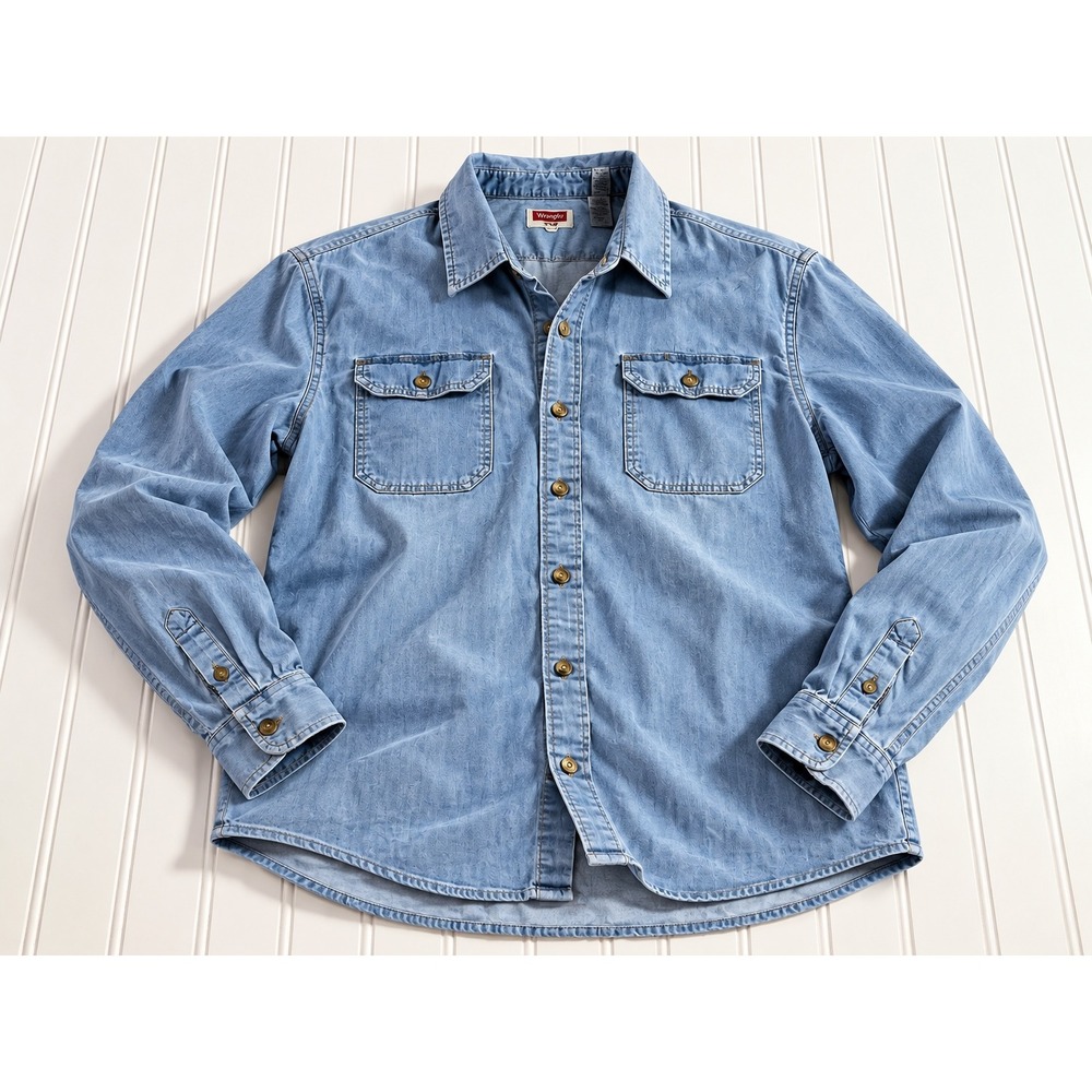 Wrangler Mens 2XL Light Wash Blue Denim Long Sleeve Button Down Shirt HLDS4WL